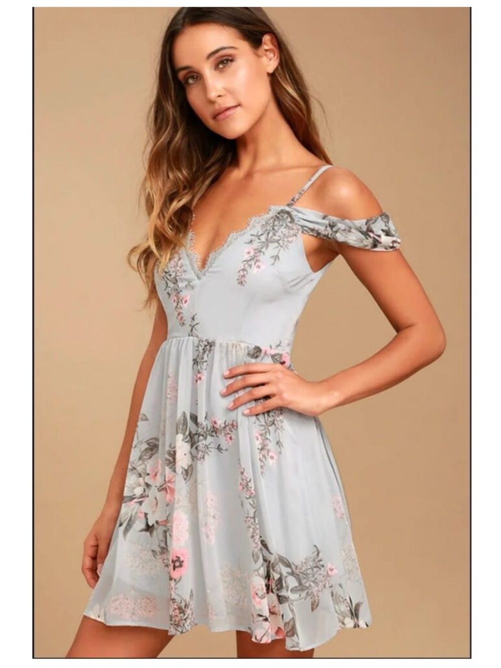 Lulu’s Verona Floral Lace Mini Dress Light Blue Gray Size XS